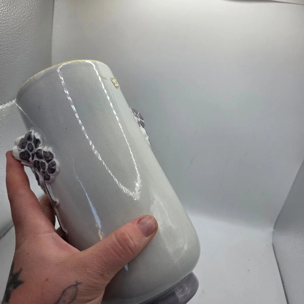 Large Vintage Art Pottery Vase Gray Crackle Glaze Purple Raised Flowers MCM